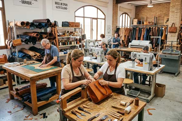 Spanish leather bag manufacturing facility Spanish handbag factory modern production line