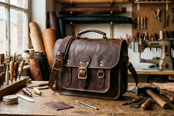 UK traditional leather bag construction British heritage handbag traditional leather craftsmanship