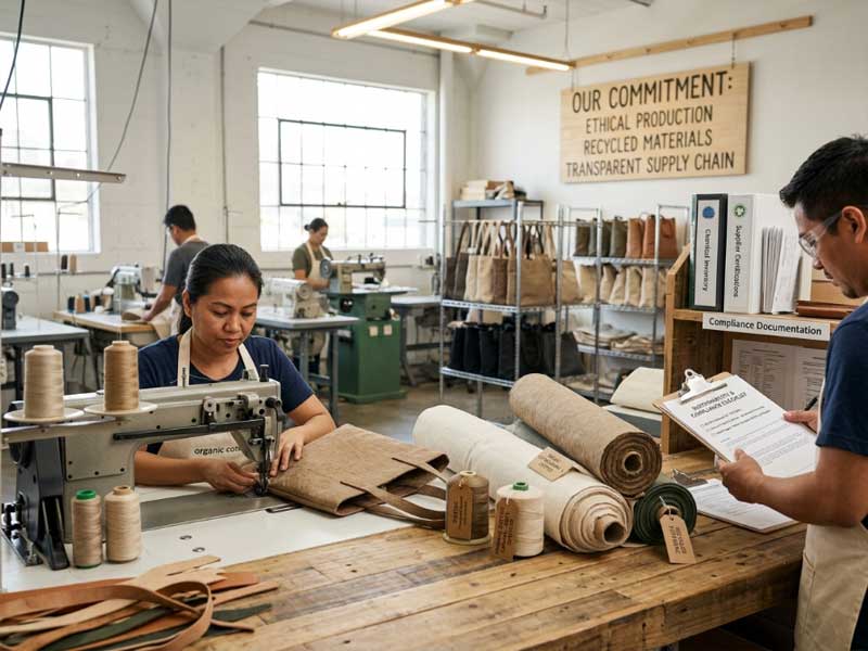 Sustainable bag manufacturing with compliance testing handbag factory production line with eco-friendly material testing documentation