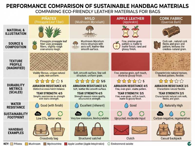 Performance comparison of sustainable handbag materials comparison of eco-friendly leather materials showing texture and durability differences