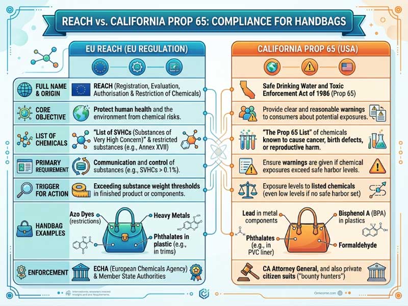 REACH vs Prop 65 regulatory differences for handbags comparison chart of REACH and California Prop 65 compliance requirements