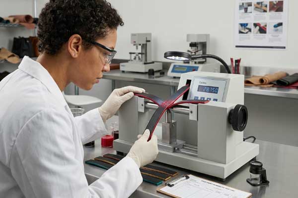 laboratory technician performing flex test on handbag edge paint sample quality control testing handbag edge paint durability