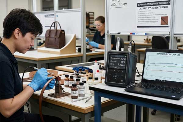 leather goods manufacturer applying edge paint with environmental monitoring edge paint application process quality control workshop
