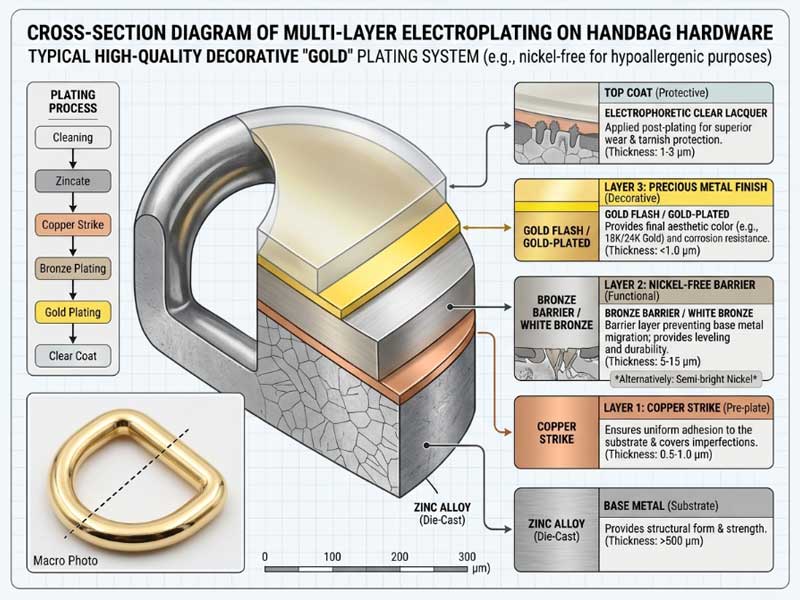 Cross-section diagram of electroplated metal layers on handbag hardware electroplated handbag hardware cross-section diagram showing plating layers