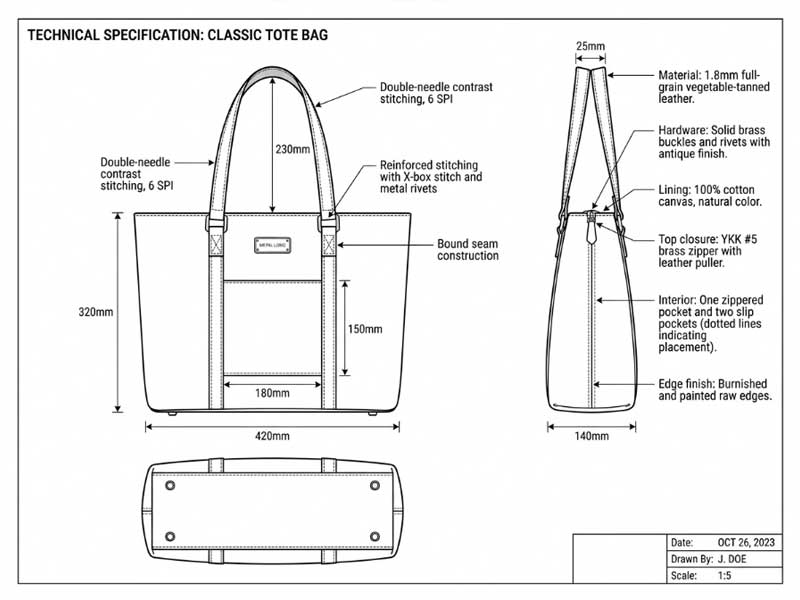 Dimensioned technical drawing showing all measurement points Technical flat sketch with dimension annotations and construction details for handbag