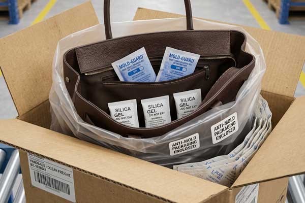Proper moisture control for handbag ocean shipping mold prevention handbag packaging desiccants