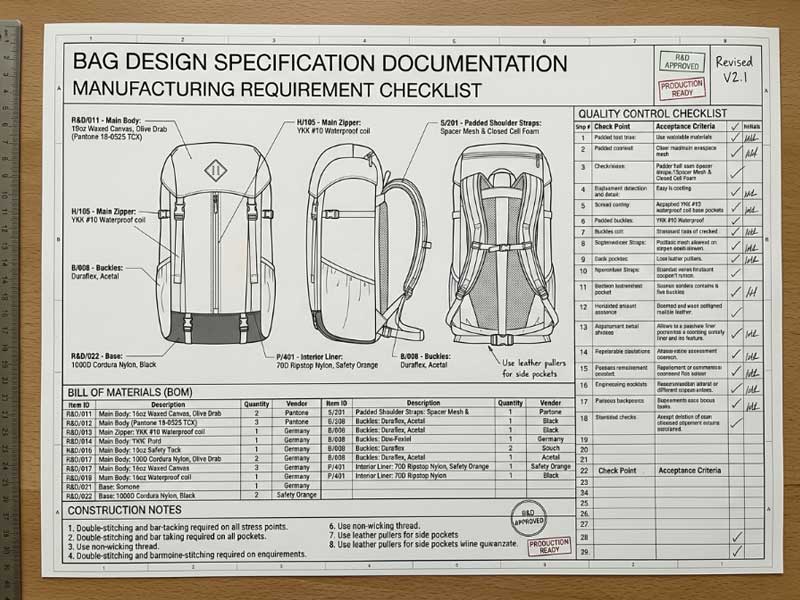 manufacturing requirement checklist bag design specification documentation