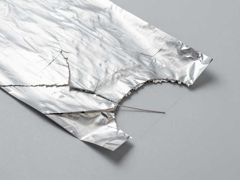 Aluminum foil delamination failure points Aluminum foil RFID material showing stress fractures under magnification