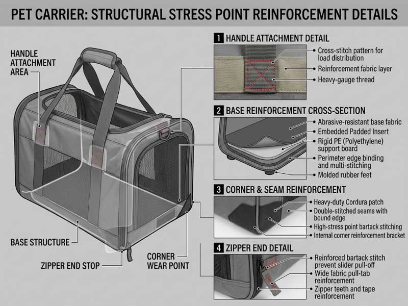 Close-up of reinforced stitching at carrier stress points pet carrier structural stress point reinforcement details