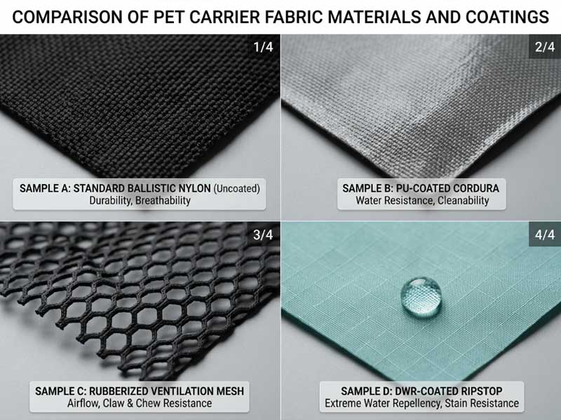 Various pet carrier fabric materials and coatings pet carrier fabric material comparison samples