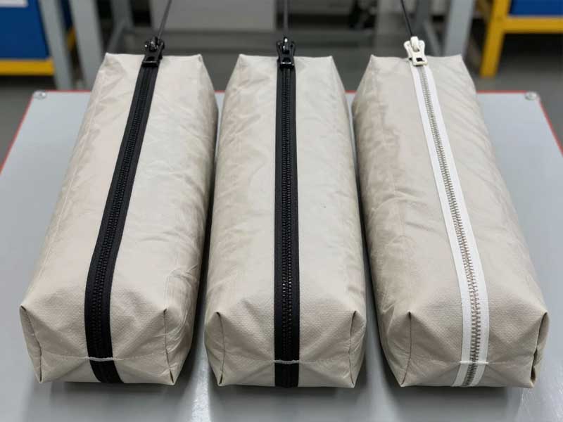 Zipper material comparison under load conditions Side-by-side stress testing of coil, resin, and metal zippers on industrial bags