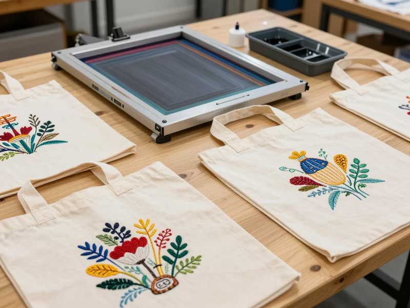 canvas tote bag printing and embroidery methods screen printing setup and embroidery detail on canvas tote bags