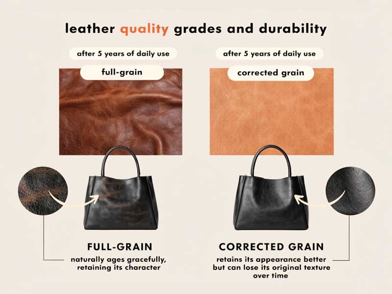leather quality grades and durability comparison material comparison showing full-grain leather vs corrected grain wear patterns